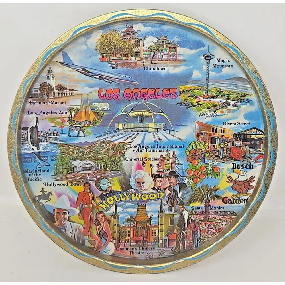 1960's Los Angeles Hollywood Gold Metal Souvenir Tray USA‎ 11